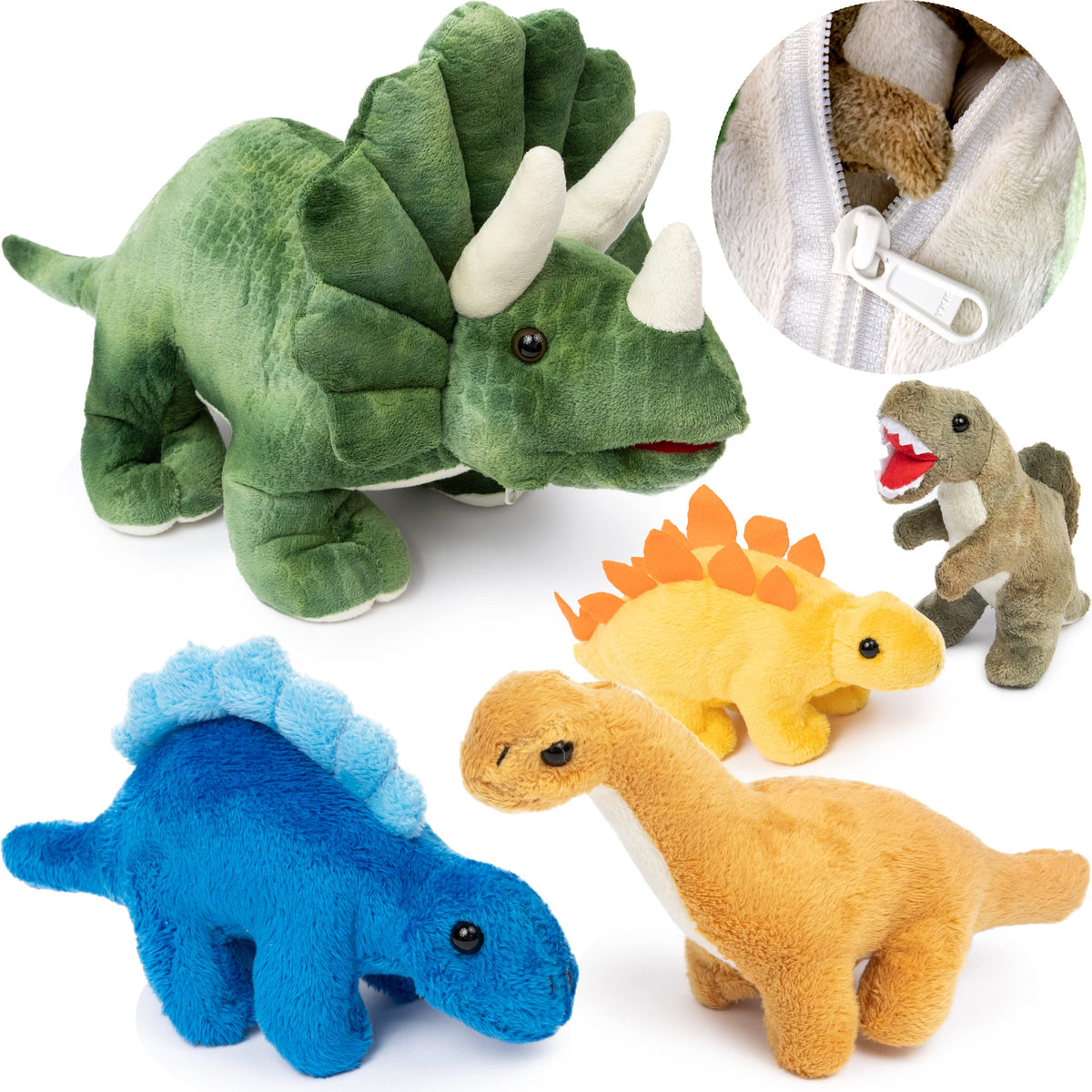PREXTEX 15-Inch Triceratops Dinosaur Stuffed Animal Set with 4 Dino Plush Toys Inside, Large Zippered Pouch Dinosaur for Boys and Girls, Stuffed Animals Dinosaur Toys for Kids 3-5, Soft Plushies