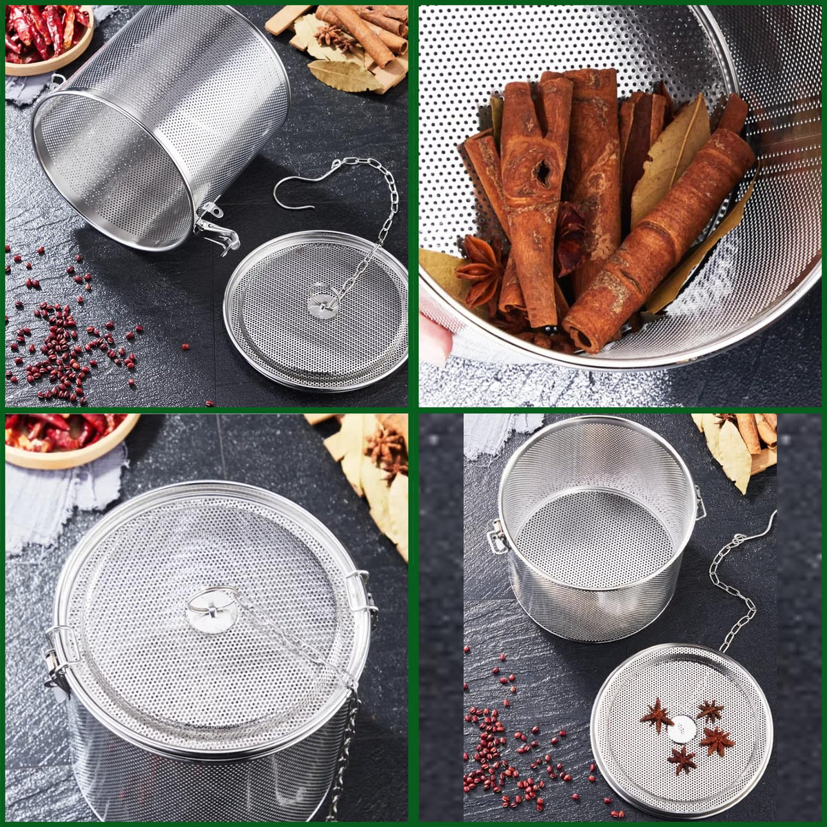 Vexillaris Stainless Steel Spice Infusion Basket, Large Cooking Spice Strainer, Mesh Design Strainer Soup Separator Basket with Chain Hook, Suitable for Home Kitchens (3.2L)