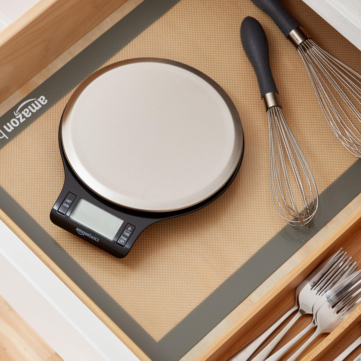 Amazon Basics Digital Kitchen Scale with LCD Display, Tare Function, Multiple Units, Weighs up to 11 Pounds, Batteries Included, Black and Stainless Steel