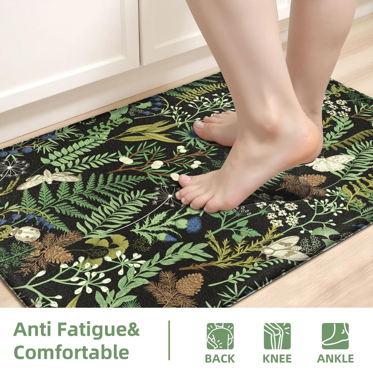 keensoft 2PCS Botanical Kitchen Rugs Set, Black Green 17.3"x28" + 17.3"x47"