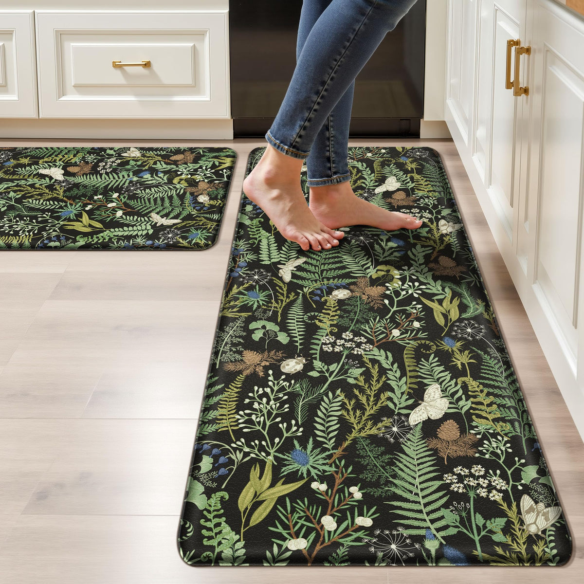 keensoft 2PCS Botanical Kitchen Rugs Set, Black Green 17.3"x28" + 17.3"x47"