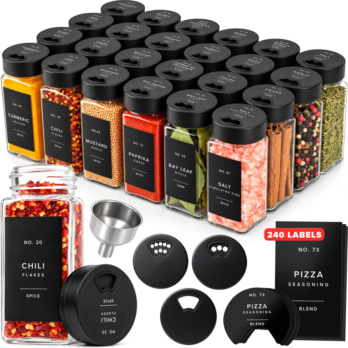 EDELHAUS Glass Spice Jars with Label and Black Sprinkle Lids (24 x 4oz)