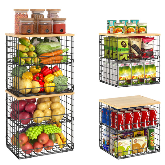 4 Pack Stackable Wire Baskets for Pantry Organizers and Storage, Pantry Baskets with Fixed Wooden Top, Fruit and Vegetable Storage Bins for Organizing Onion Potato Snack for Kitchen Cabinet/Countertop