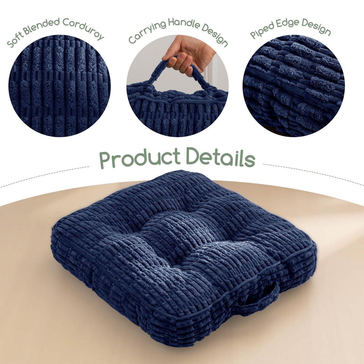 HIGOGOGO Floor Pillow Cushion for Adults, Meditation Cushion Pillow, Blended Corduroy Cover, Large Square Floor Sitting for Tatami Living Room or Yoga, 2Pack, Navy