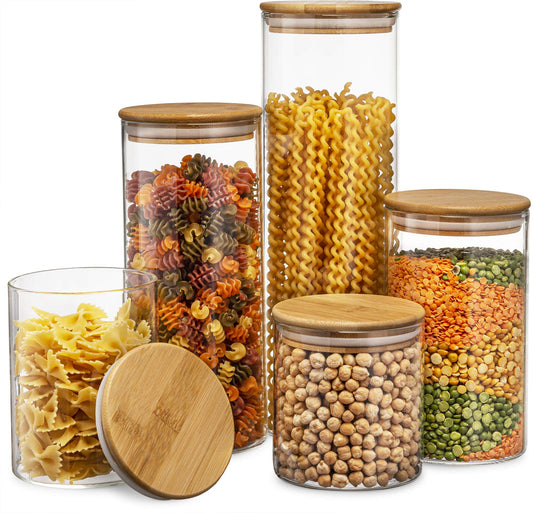 Set of 5 Glass Kitchen Canisters with Airtight Bamboo Lid - Glass Storage Jars for Pantry Organization and Bathroom for Flour, Coffee, Cookie Jar, Candy, Snack, Pasta, Rice, Sugar Packet Holder