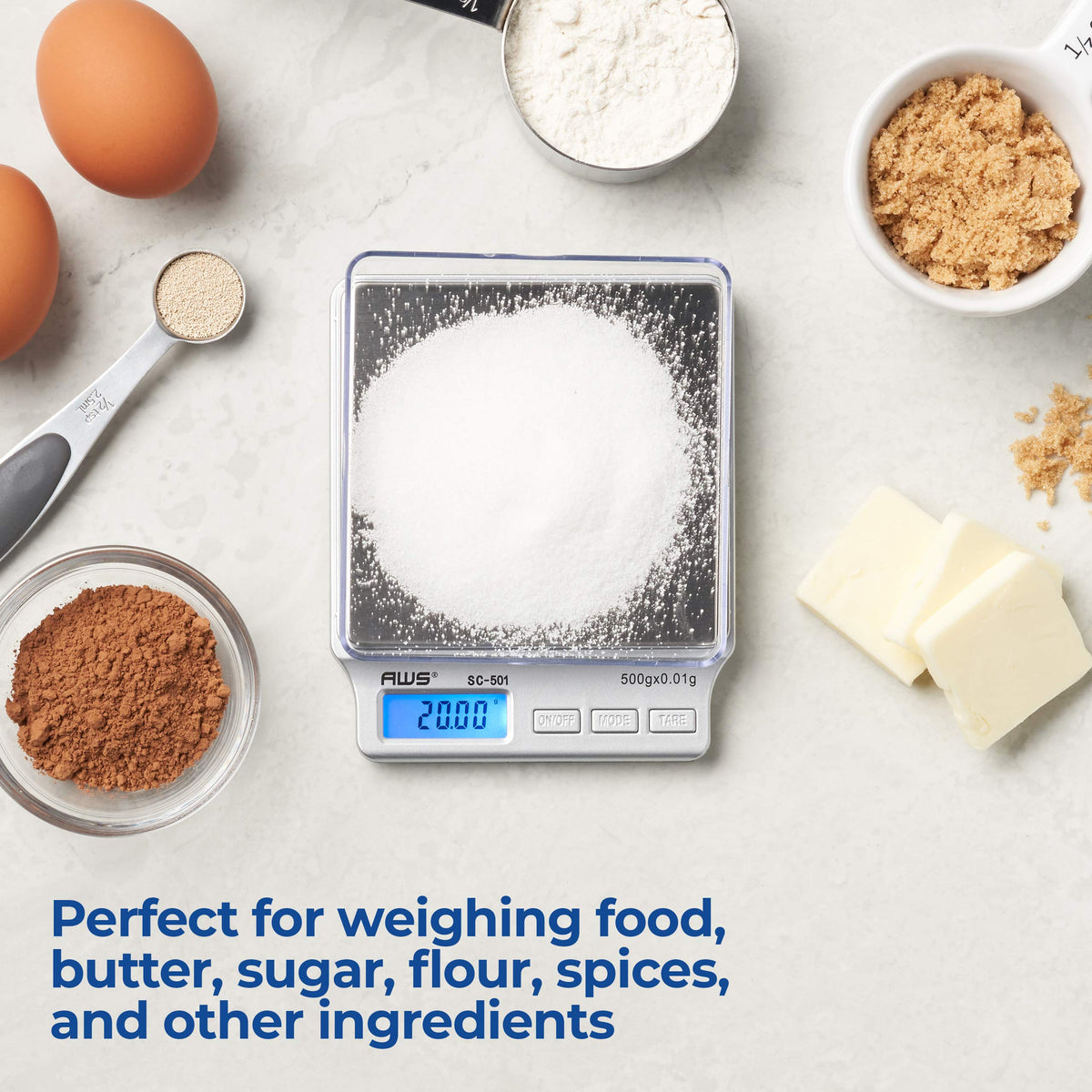 American Weigh Scales SC Series Precision Digital Kitchen Weight Scale, Food Measuring Scale, 2kg x 0.1g (Silver), AMW-SC-2KG (500g x 0.01g)