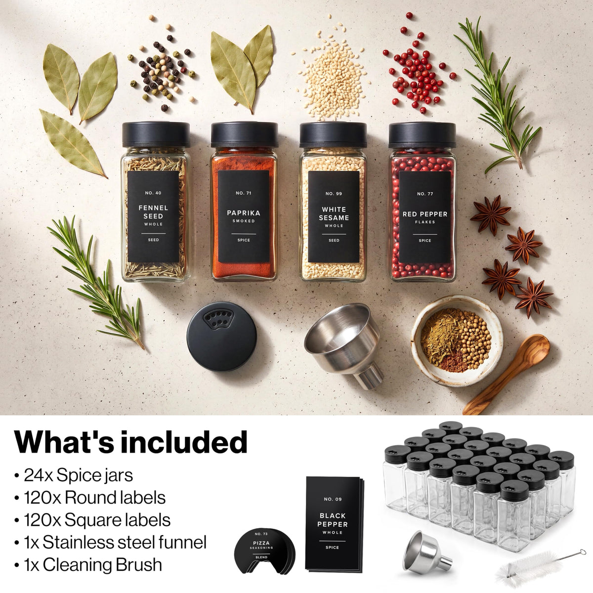 EDELHAUS Glass Spice Jars with Label and Black Sprinkle Lids (24 x 4oz)