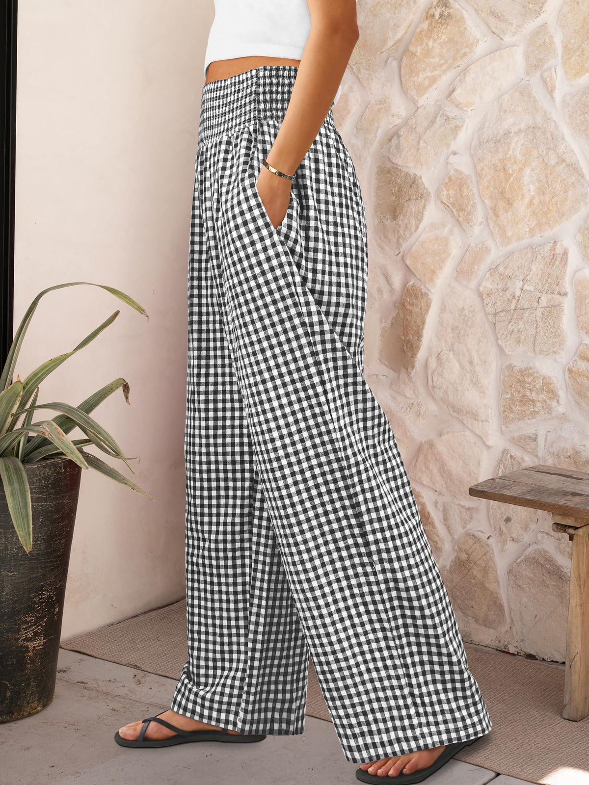 ANRABESS Womens Striped Gingham Wide Leg Palazzo Pants with Pockets