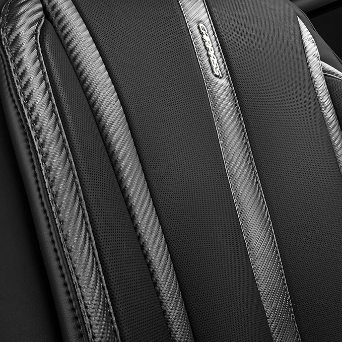 CAR PASS Carbon Fiber Nappa Leather Car Seat Covers Front Only Cushioned Leatherette 2 Piece Padded Waterproof Universal Fit for Cars SUV Truck Pickup Automotive Vehicle Interior, 2PCS Black