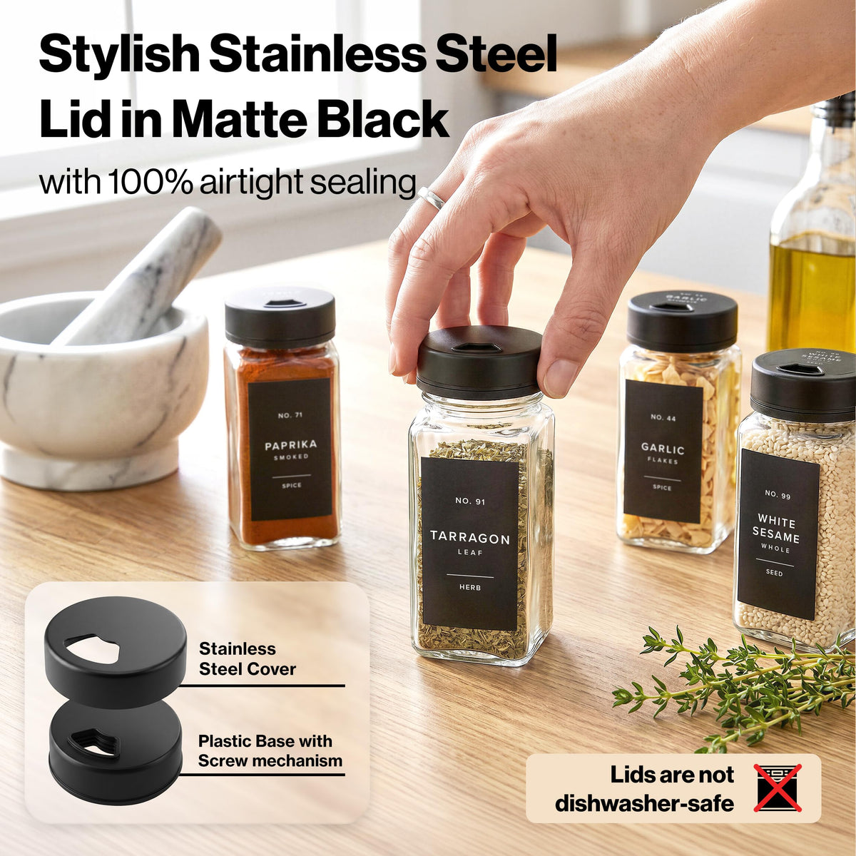 EDELHAUS Glass Spice Jars with Label and Black Sprinkle Lids (24 x 4oz)