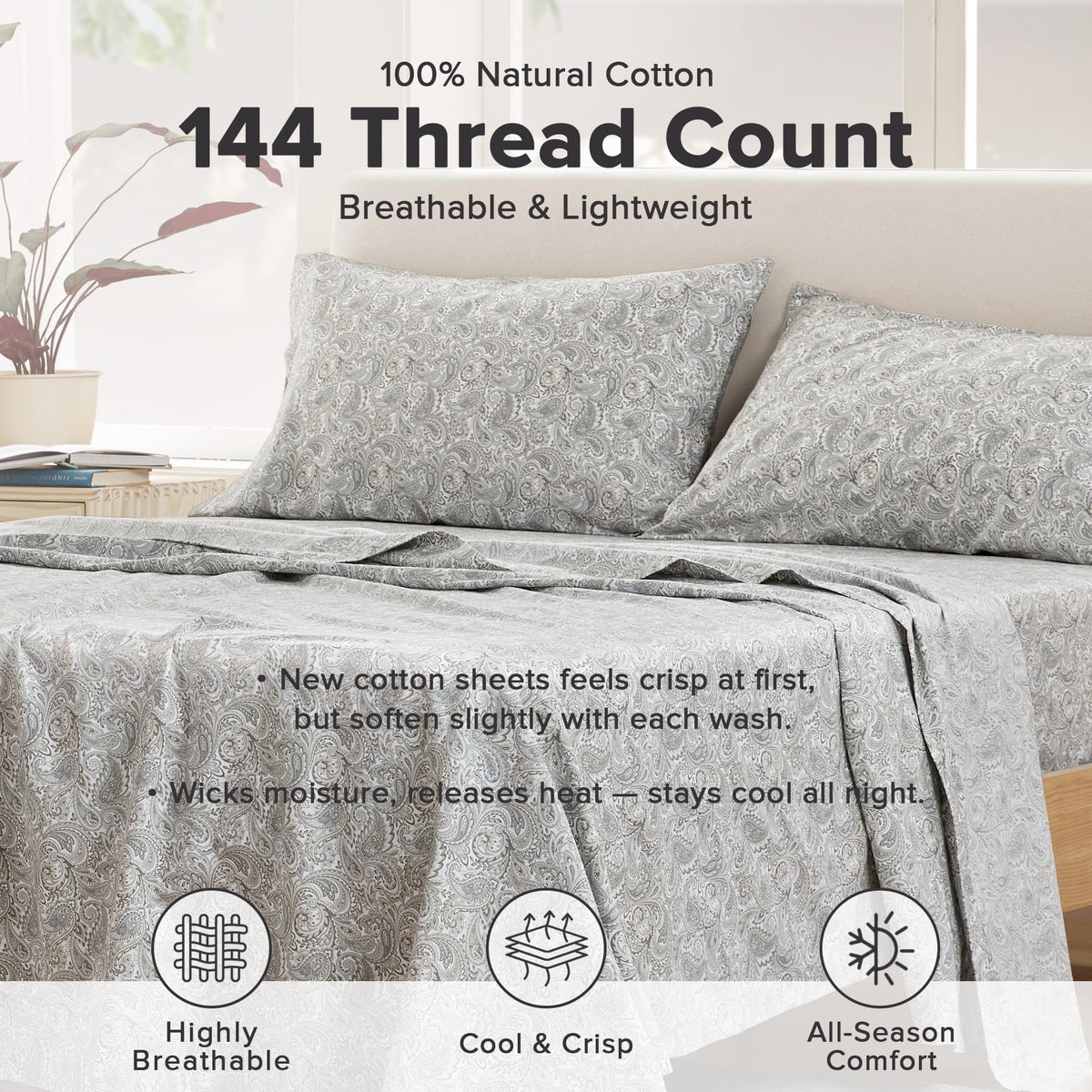 Comfort Spaces 100% Cotton Percale Sheets Queen Size 4 Piece, Paisley Multi