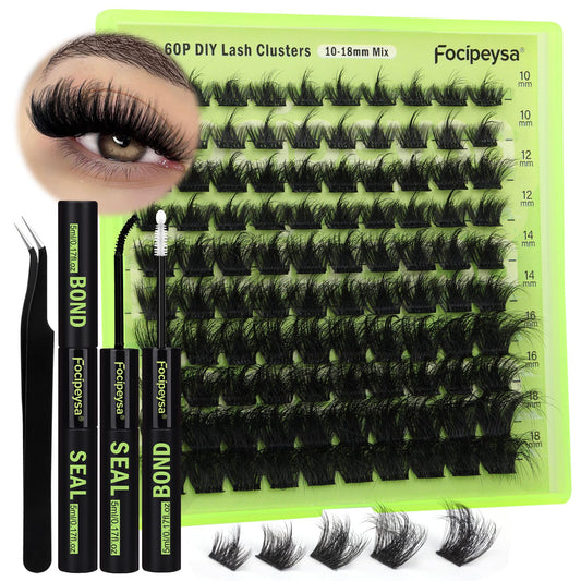 Focipeysa Lash Clusters Diy Lash Extension Kit 60P Eyelash Extension Wispy Individual Lashes Extension With Bond And Seal Glue,