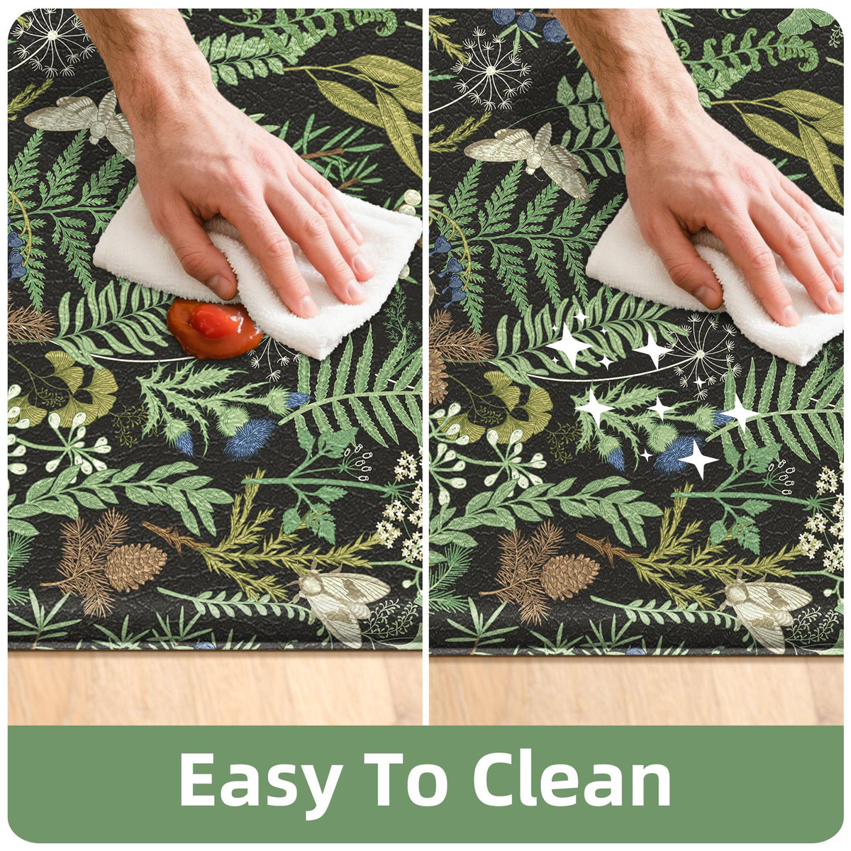 keensoft 2PCS Botanical Kitchen Rugs Set, Black Green 17.3"x28" + 17.3"x47"