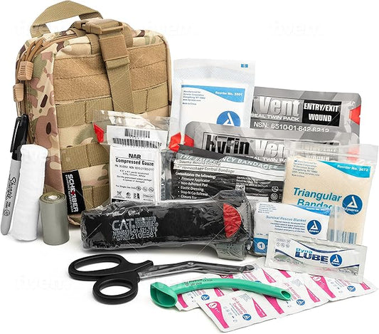 Scherber Premium IFAK Kit Trauma Pack Fully Stocked MOLLE Pouch w/CAT Tourniquet, HyFin Vent Chest Seal, & Israeli Bandage Trauma Kit for Emergency, Gunshot, Bleeding, & Major Wound Care (Camouflage)