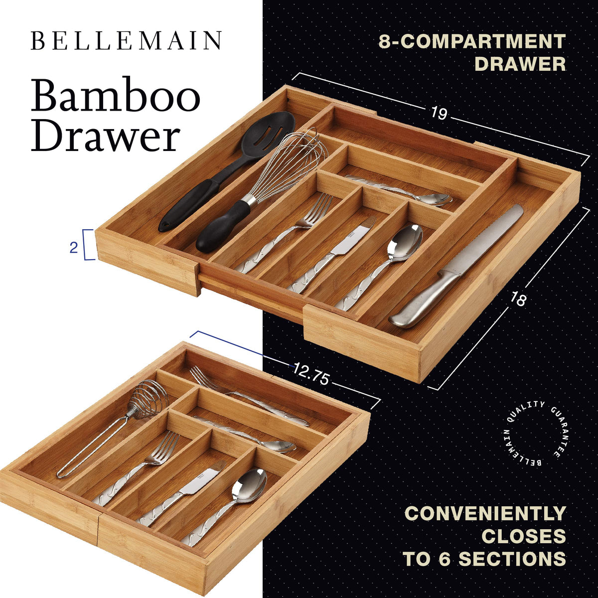 Bellemain Bamboo Kitchen Drawer Organizer, Expandable 8-Slot Tray