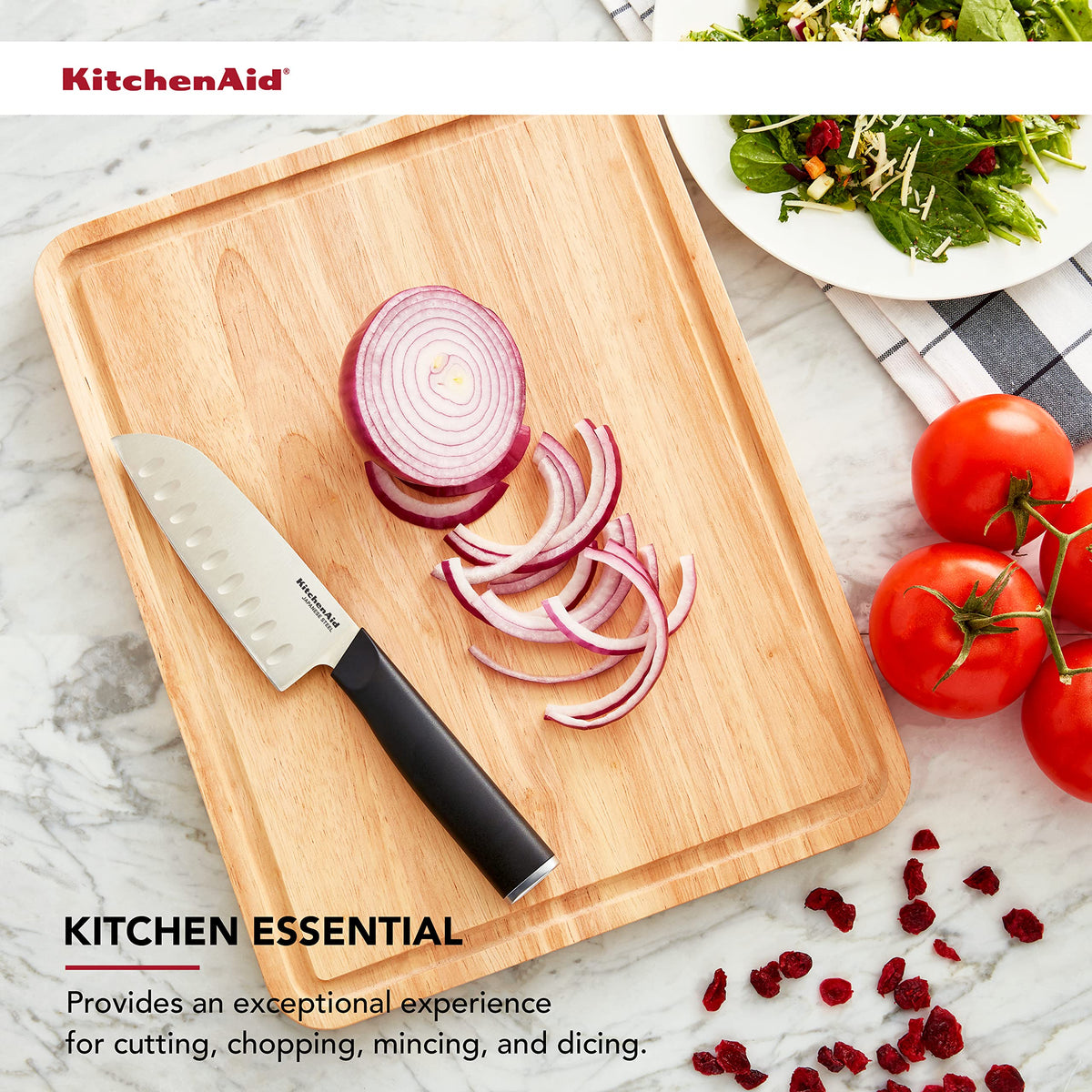 KitchenAid Classic Rubberwood Cutting Board with Perimeter Trench, Reversible Chopping Board, 11-inch x 14-Inch, Natural