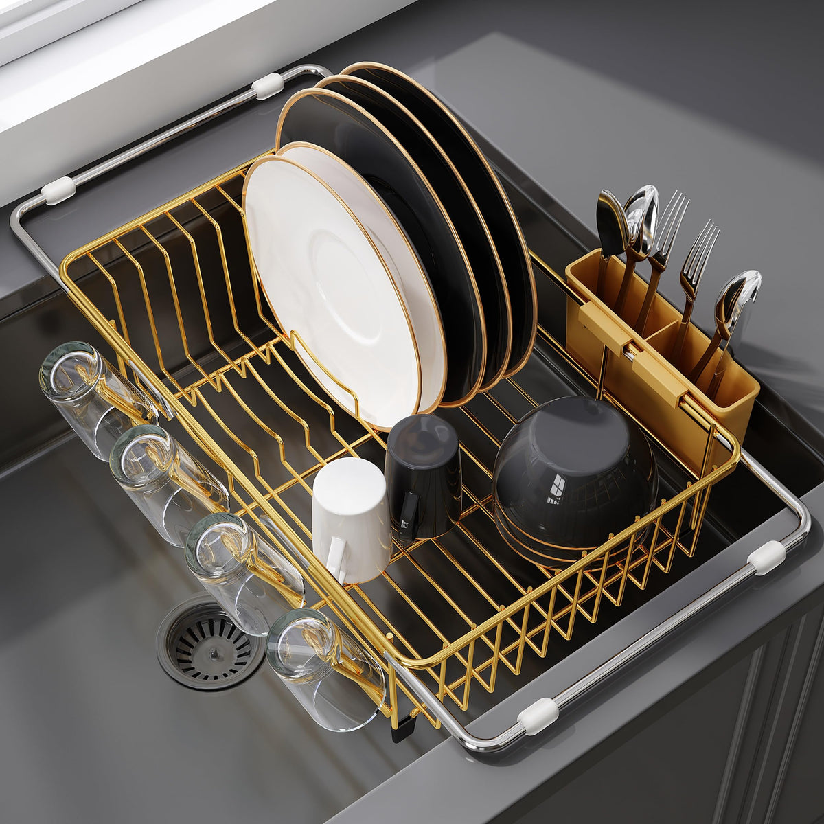 JASIWAY Gold Dish Drying Rack in Sink, Dish Drainer with Utensil Holder
