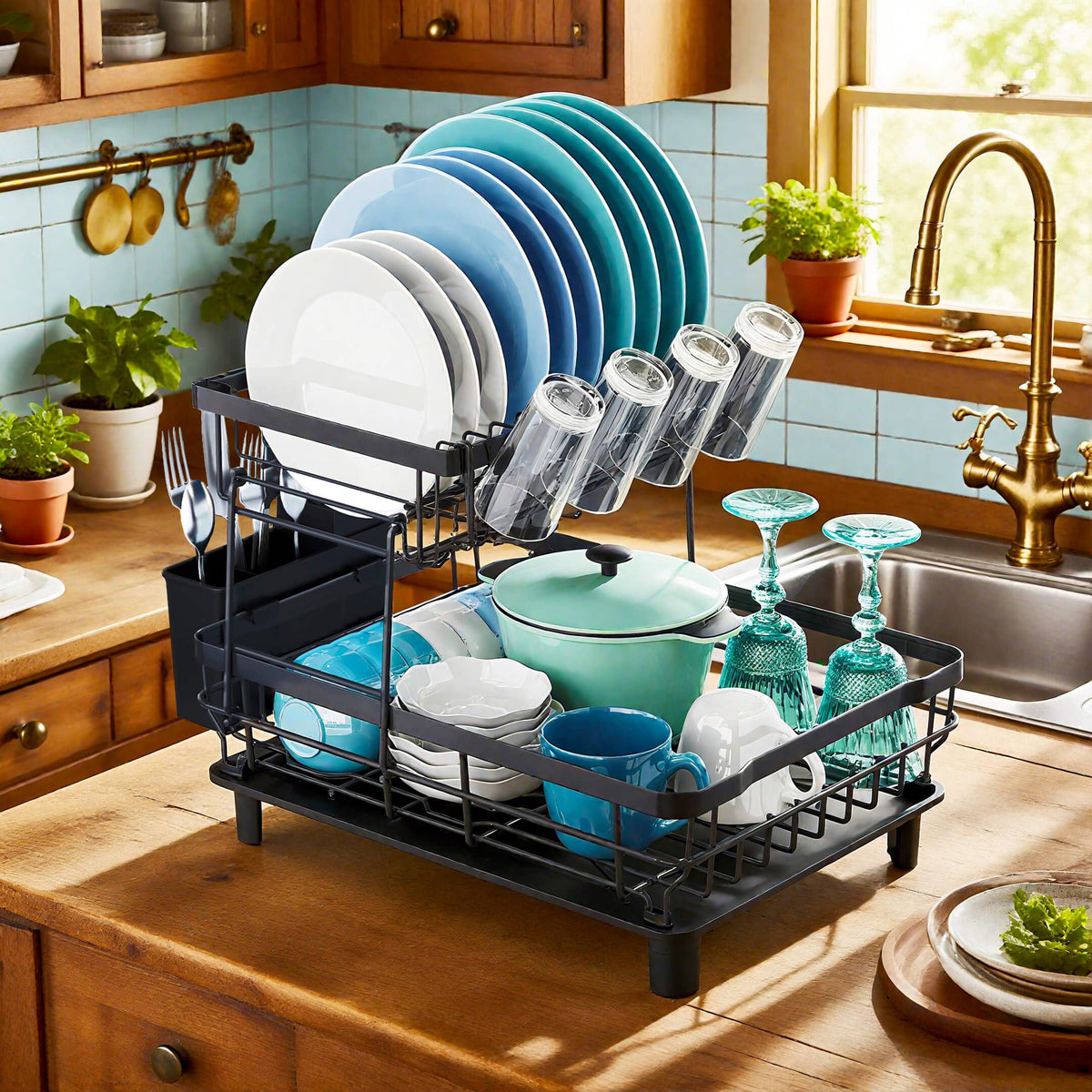 MOUKABAL 2 Tier Dish Drying Rack with Drainboard for Kitchen Counter, Black