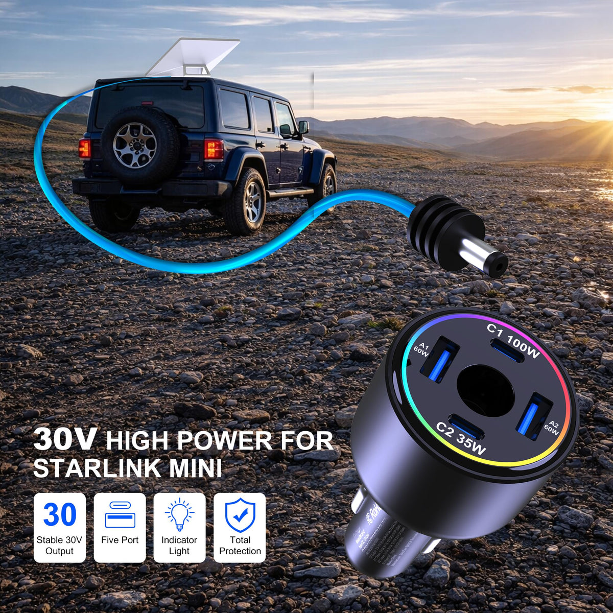 Starlink Mini Car Adapter, Stable DC 60W PD 100W+USB-A