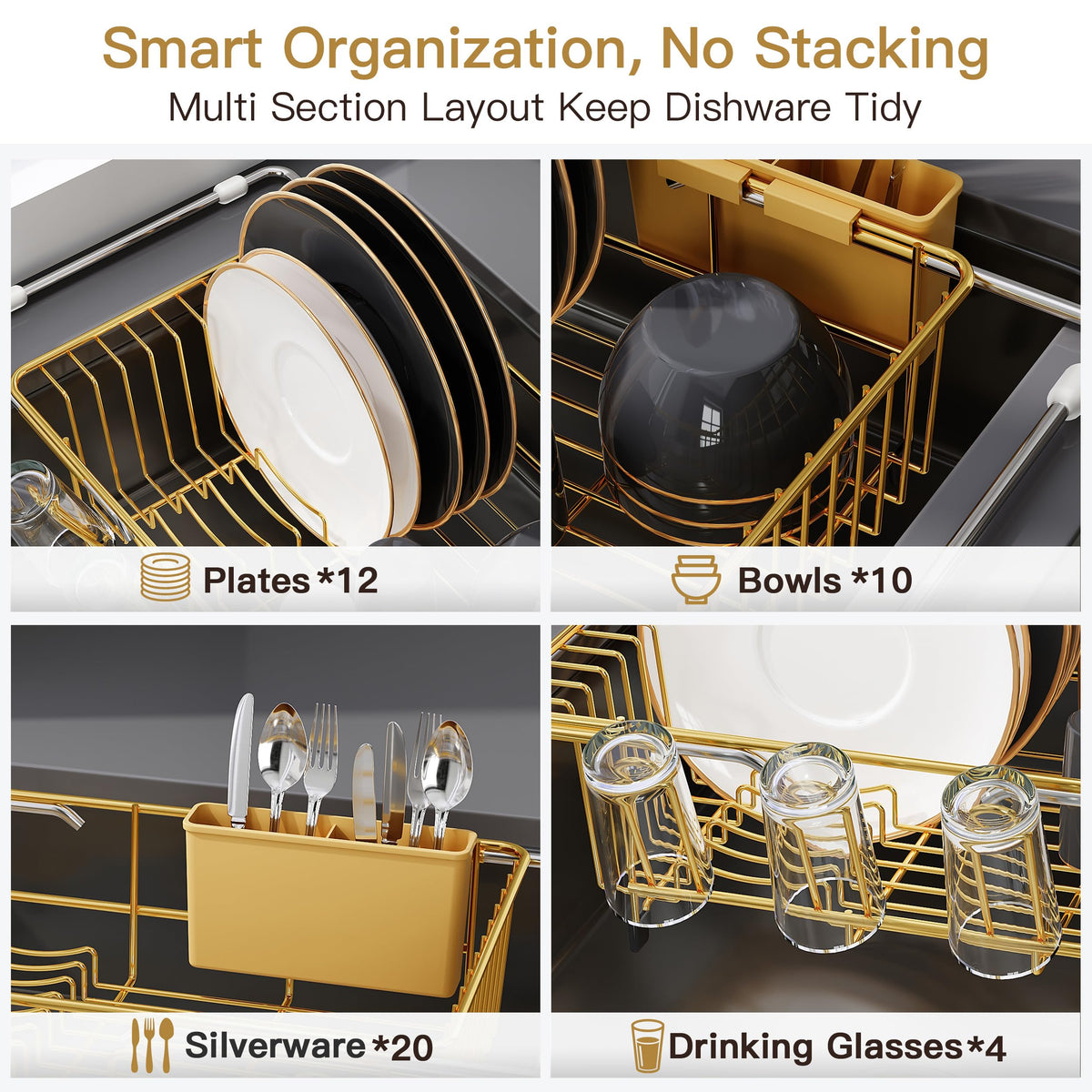 JASIWAY Gold Dish Drying Rack in Sink, Dish Drainer with Utensil Holder