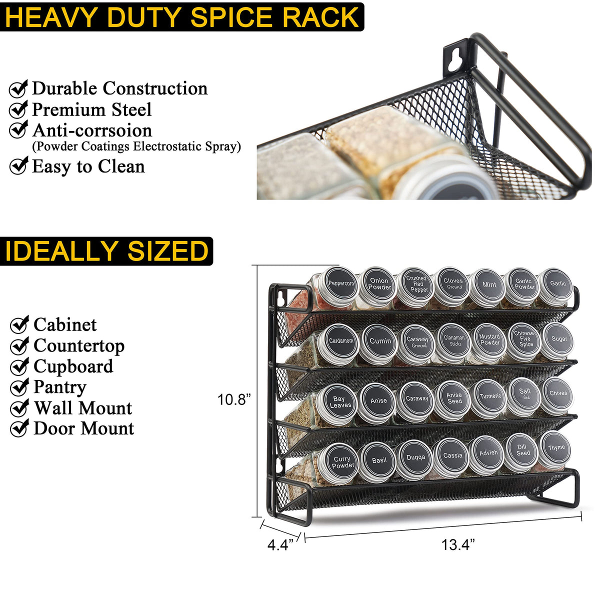 SpaceAid Spice Rack Organizer with 28 Spice Jars, 386 Spice Labels, Chalk Marker and Funnel Set for Cabinet, Countertop, Pantry, Cupboard or Door & Wall Mount - 28 Jars, 13.4" W × 10.8" H, Black