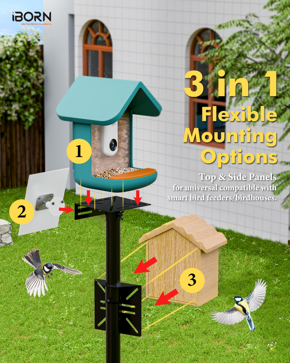 iBorn Camera Bird Feeder Pole 3in1 Compatible Bird Feeder Poles for Outdoors Heavy Duty,59inch Adjustable Height Bird House Pole Mount Kit Bracket Universal for Smart Feeder/Birdhouse