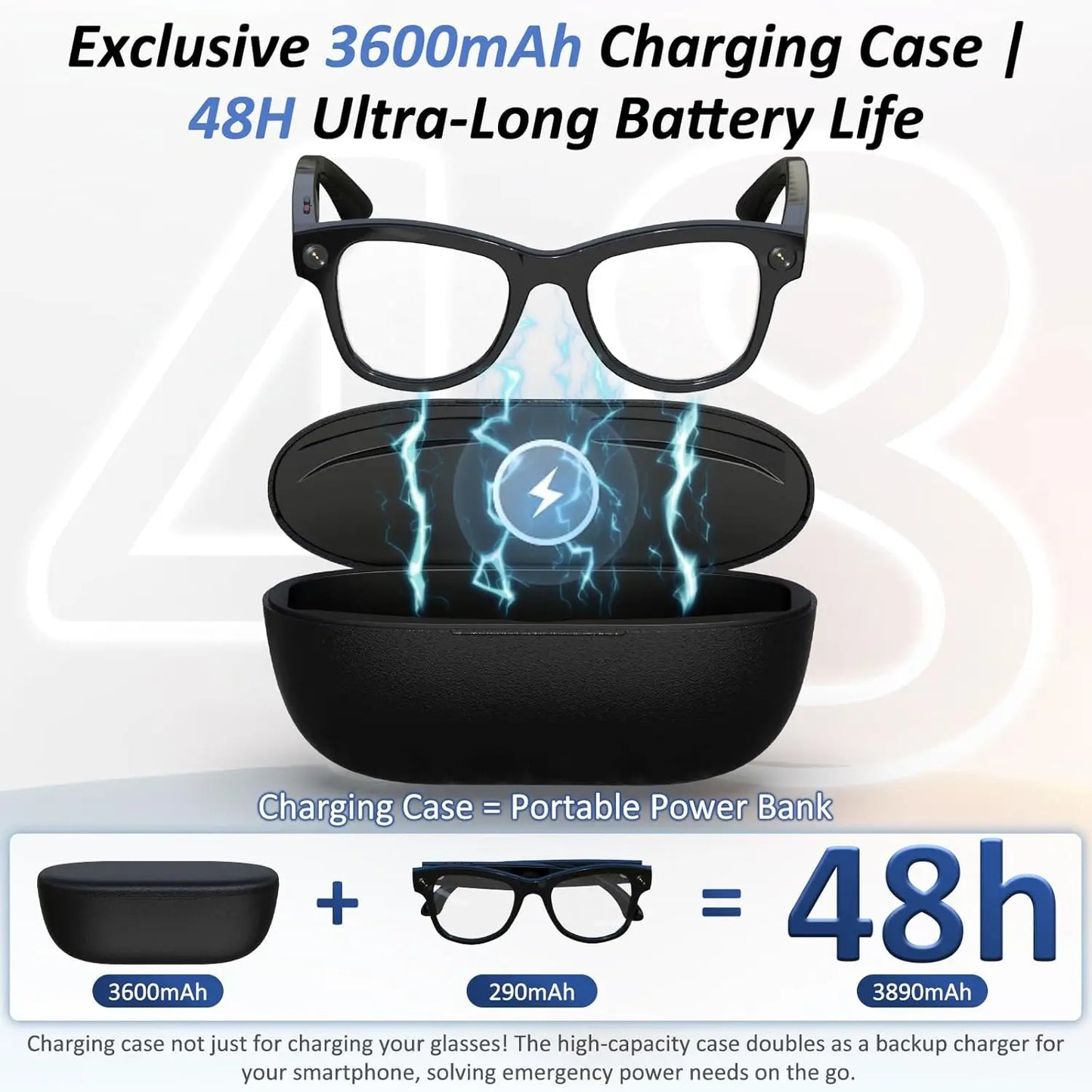 2026 New 3600mAh Large Capacity Smart Glasses 800W Pixel Anti-shake Camera 120+Language Translation Video Recording Call Glasses