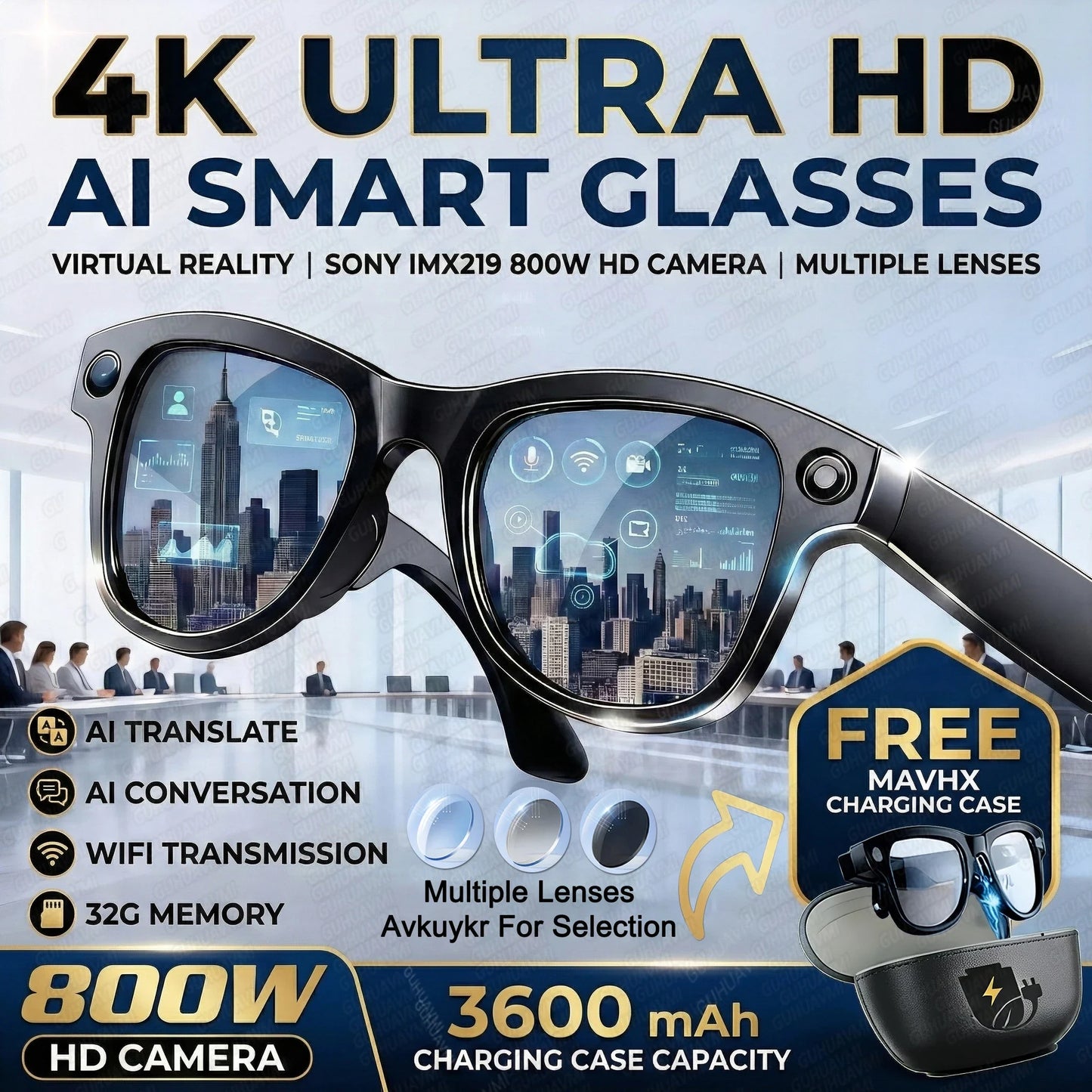 2026 New 32G Memory 800W 4K Camera Smart Glasses Men Photos&Videos 3600mAh Power Bank 120+Languages Translation AI Glasses Women