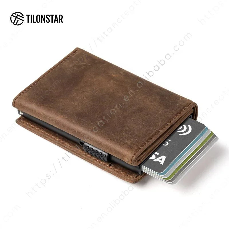 Snavya Crazy Horse Genuine Leather Card Holder – Aluminum Automatic Pop-Up Wallet for Men | Slim RFID ID Holder