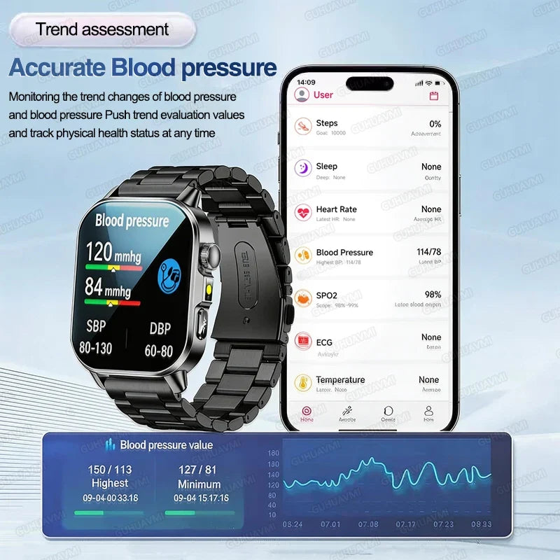 New Men Accurate Health Diagnosis ECG Smart Watch Blood Pressure Blood Oxygen Blood Fat Uric Acid Temp Bluetooth call Smartwatch