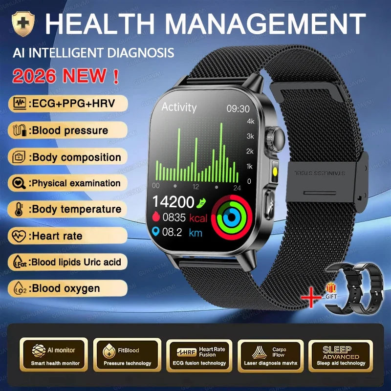 New Men Accurate Health Diagnosis ECG Smart Watch Blood Pressure Blood Oxygen Blood Fat Uric Acid Temp Bluetooth call Smartwatch