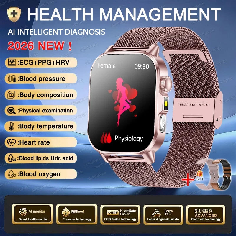 New Men Accurate Health Diagnosis ECG Smart Watch Blood Pressure Blood Oxygen Blood Fat Uric Acid Temp Bluetooth call Smartwatch