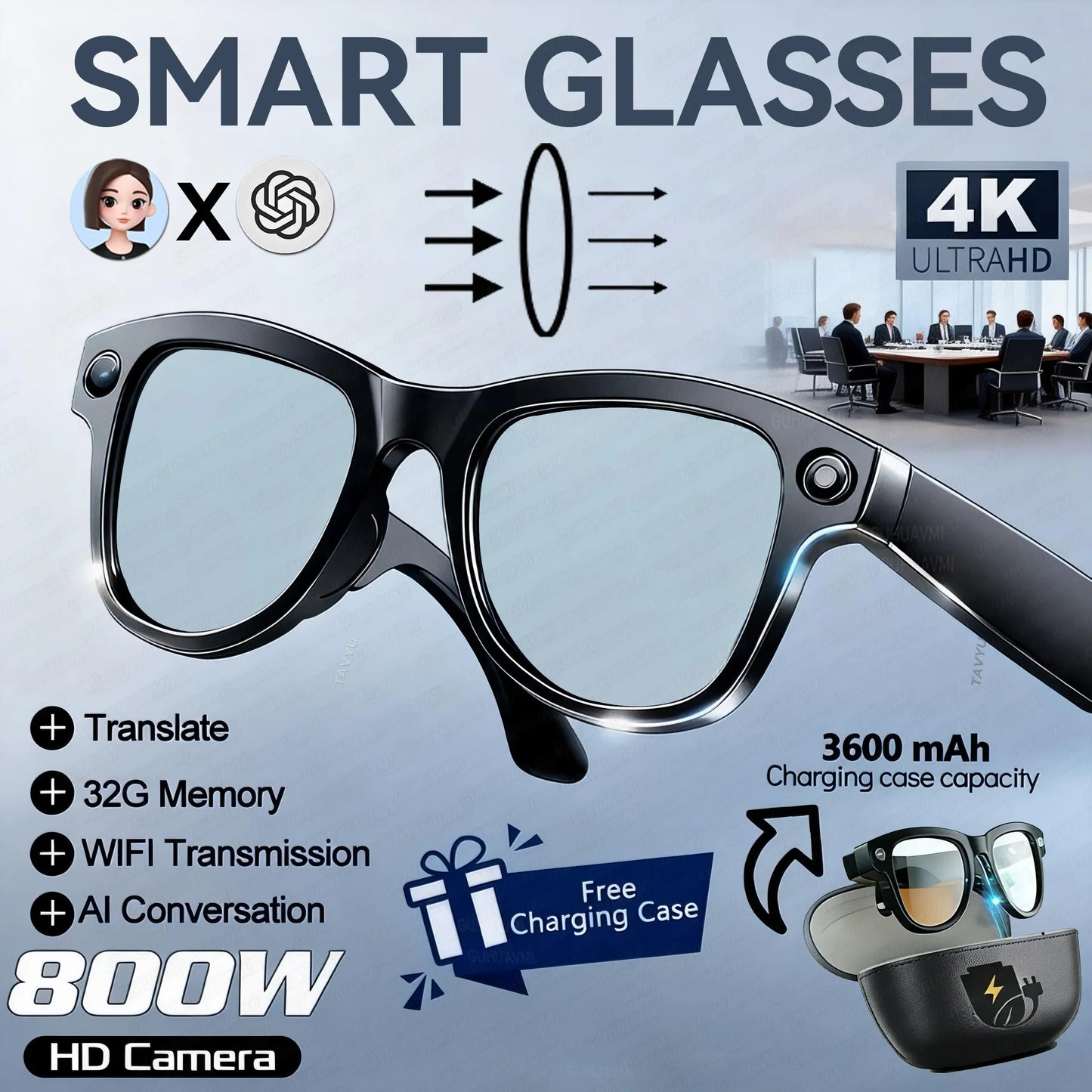 2026 New 32G Memory 800W 4K Camera Smart Glasses Men Photos&Videos 3600mAh Power Bank 120+Languages Translation AI Glasses Women
