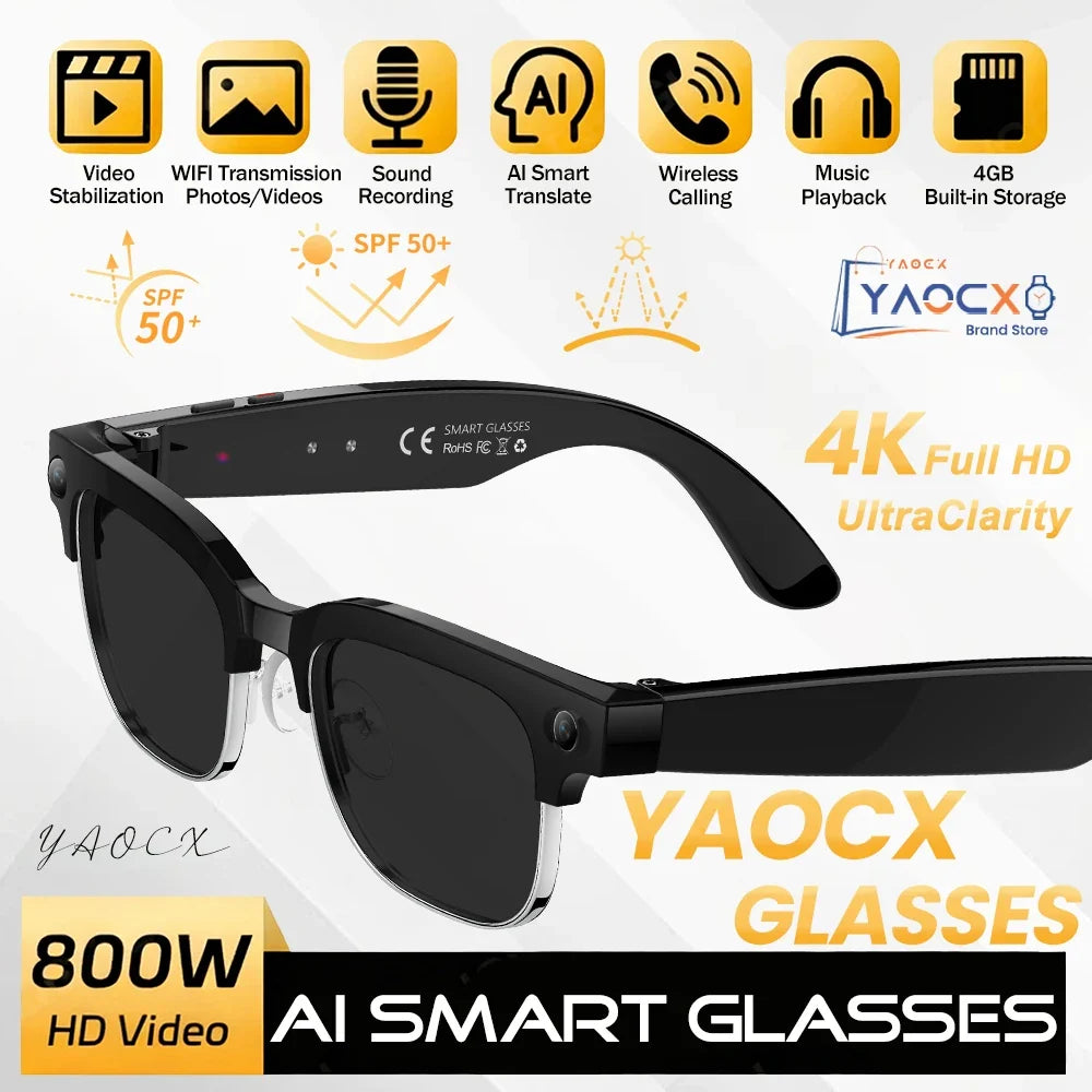 4K Smart AI Glasses 8MP Camera Recording Videos Photo Recognition Answer Translation BT Call Photochromic Sunglasses Waterproof