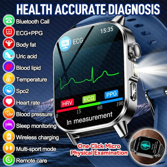 New Men Accurate Health Diagnosis ECG Smart Watch Blood Pressure Blood Oxygen Blood Fat Uric Acid Temp Bluetooth call Smartwatch