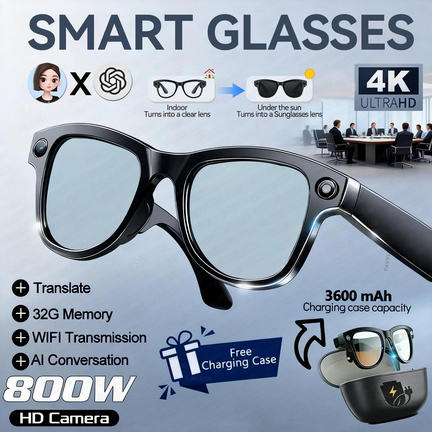 2026 New 32G Memory 800W 4K Camera Smart Glasses Men Photos&Videos 3600mAh Power Bank 120+Languages Translation AI Glasses Women