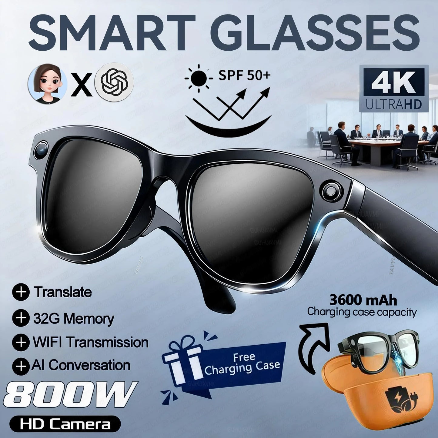 2026 New 3600mAh Large Capacity Smart Glasses 800W Pixel Anti-shake Camera 120+Language Translation Video Recording Call Glasses