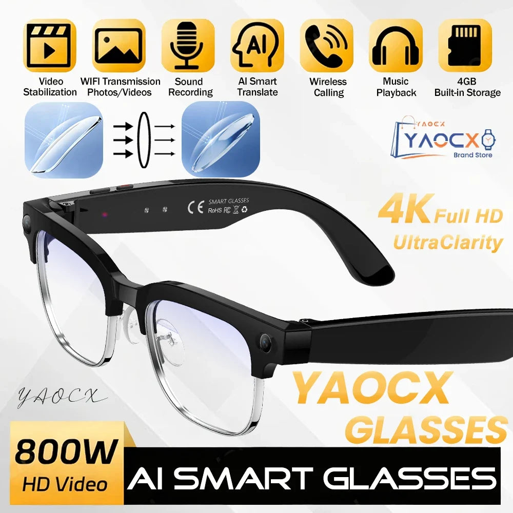4K Smart AI Glasses 8MP Camera Recording Videos Photo Recognition Answer Translation BT Call Photochromic Sunglasses Waterproof