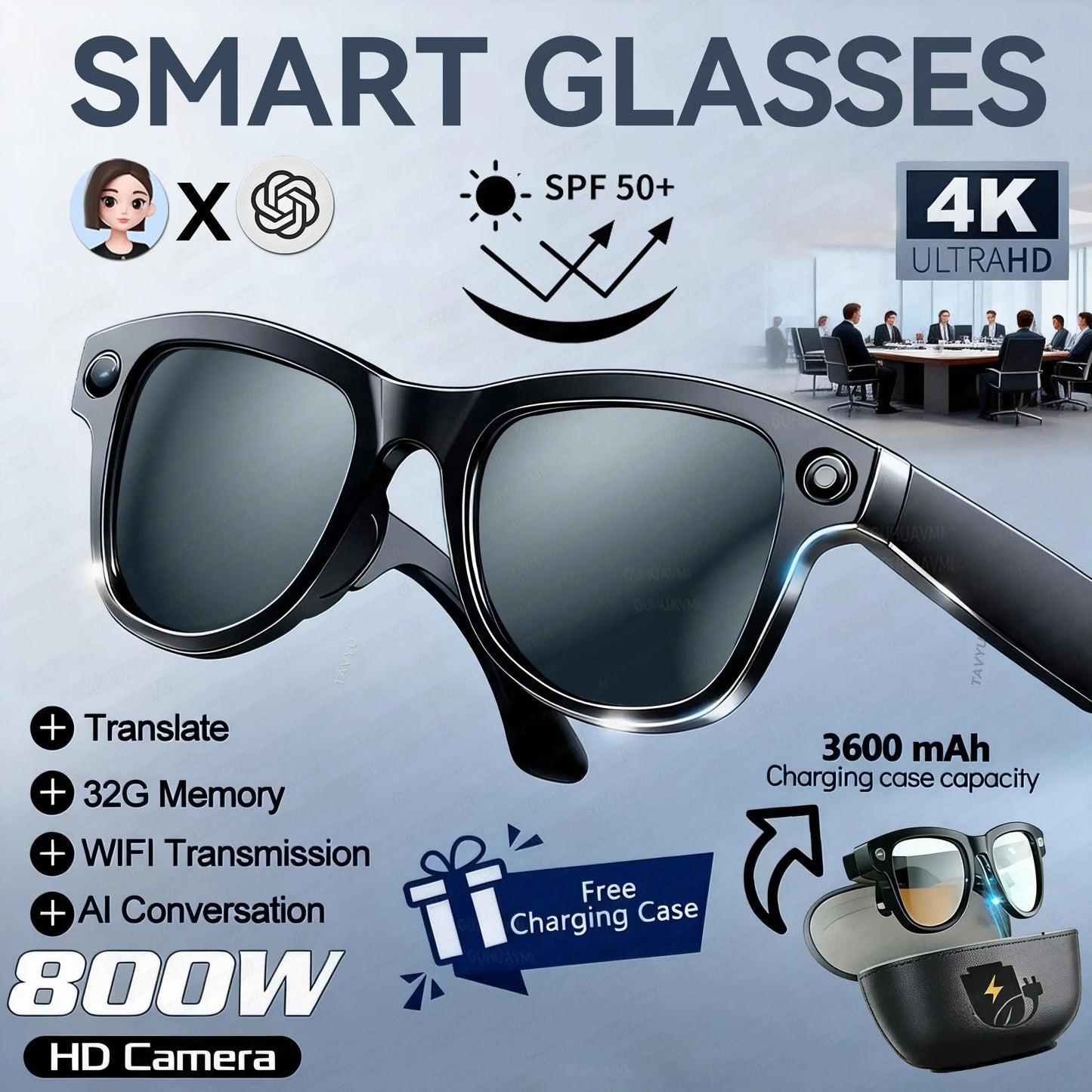 2026 New 3600mAh Large Capacity Smart Glasses 800W Pixel Anti-shake Camera 120+Language Translation Video Recording Call Glasses