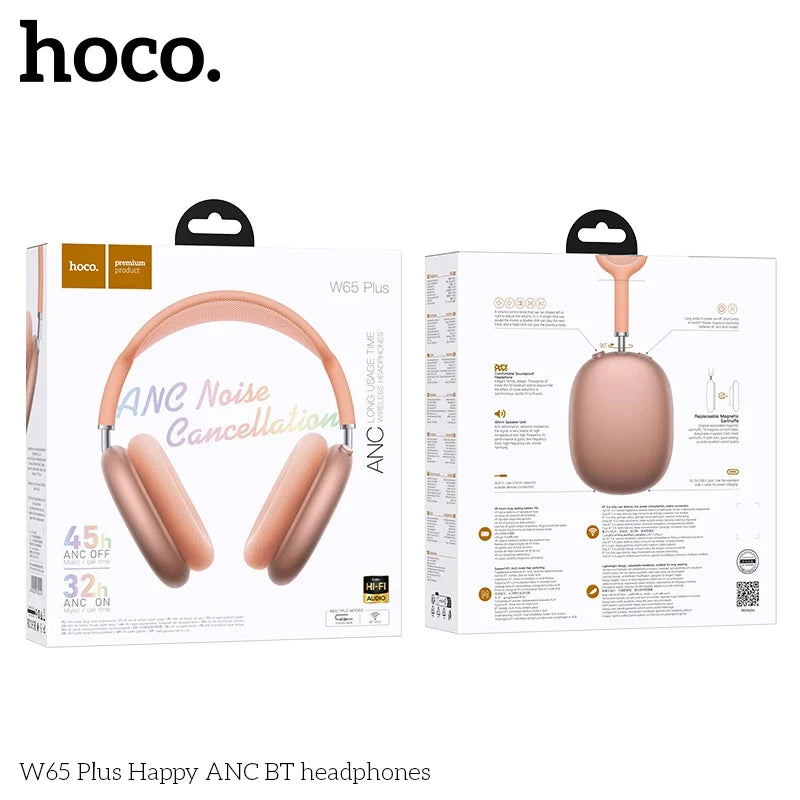 HOCO W65 Plus ANC Noise Reduction Bluetooth Headphones Over The Ear Wireless Big Earphone Hifi Sounds Sport Headsets With Button