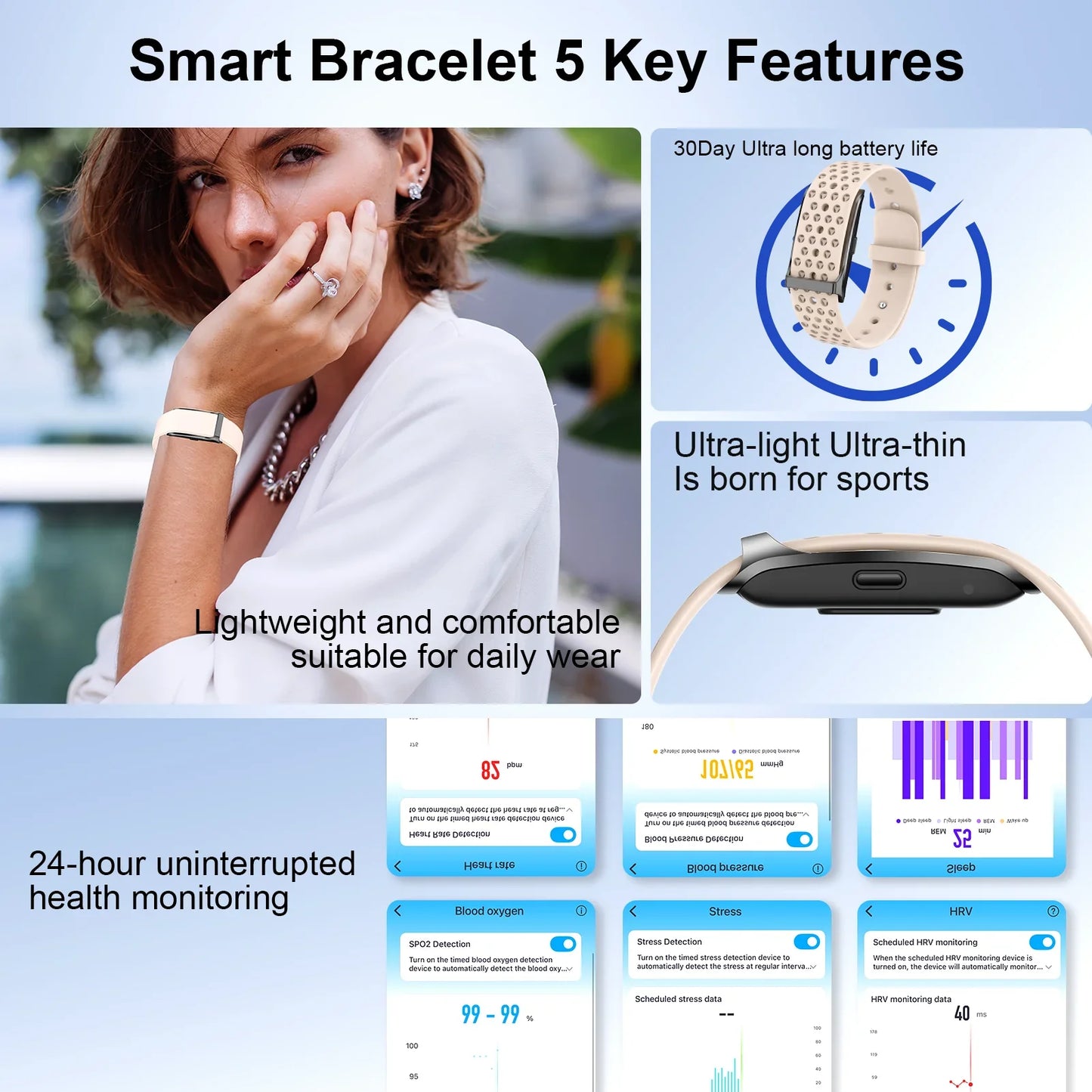 Smart Bands Heart Rate Fitness Trackers Blood Pressure Sleep Monitor 170+ Sports Waterproof Smart Wristband Free Subscription
