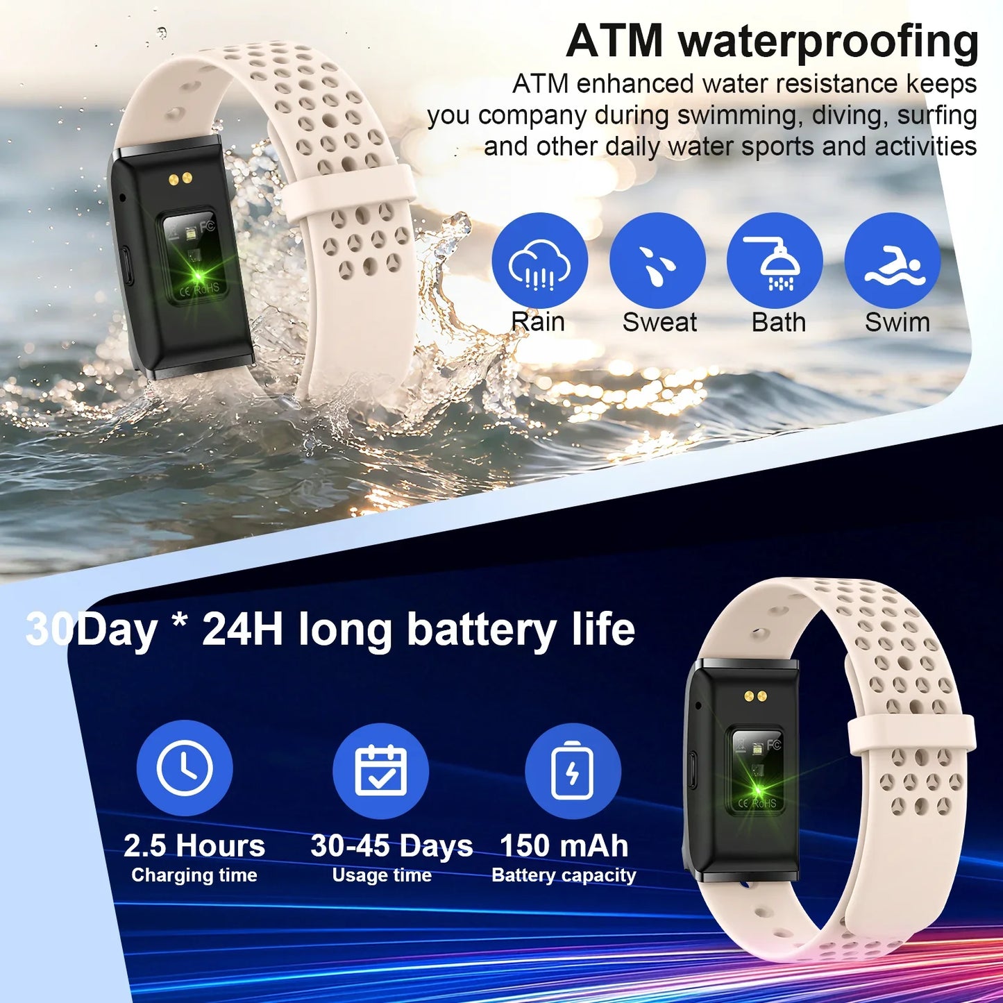 Smart Bands Heart Rate Fitness Trackers Blood Pressure Sleep Monitor 170+ Sports Waterproof Smart Wristband Free Subscription