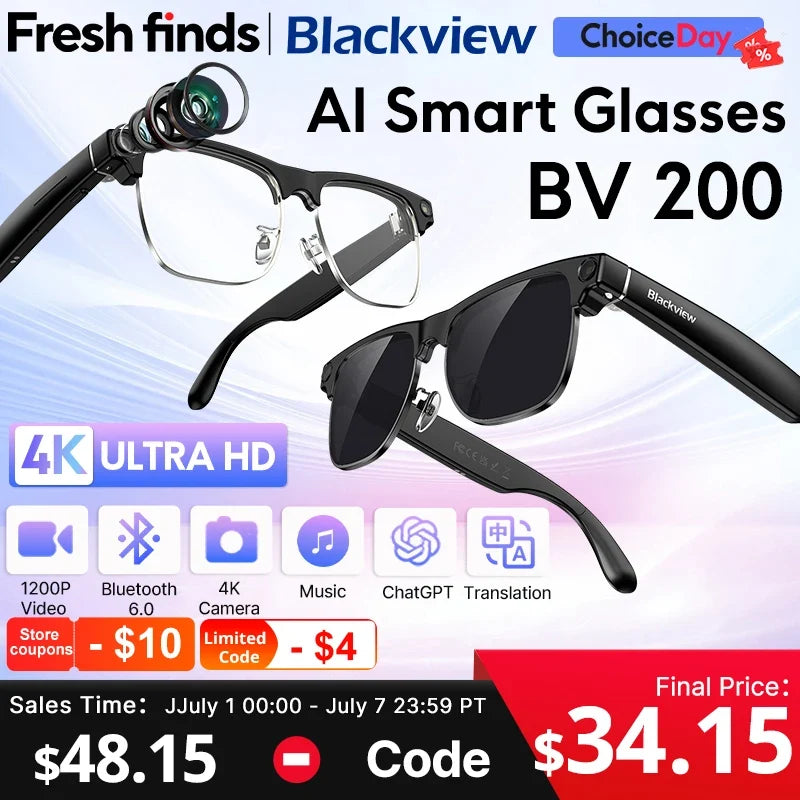 【World premiere】Blackview BV200 Shooting Smart glasses 8MP 4K HD camera Bluetooth Call Voice Assistant AI Translation Glasses