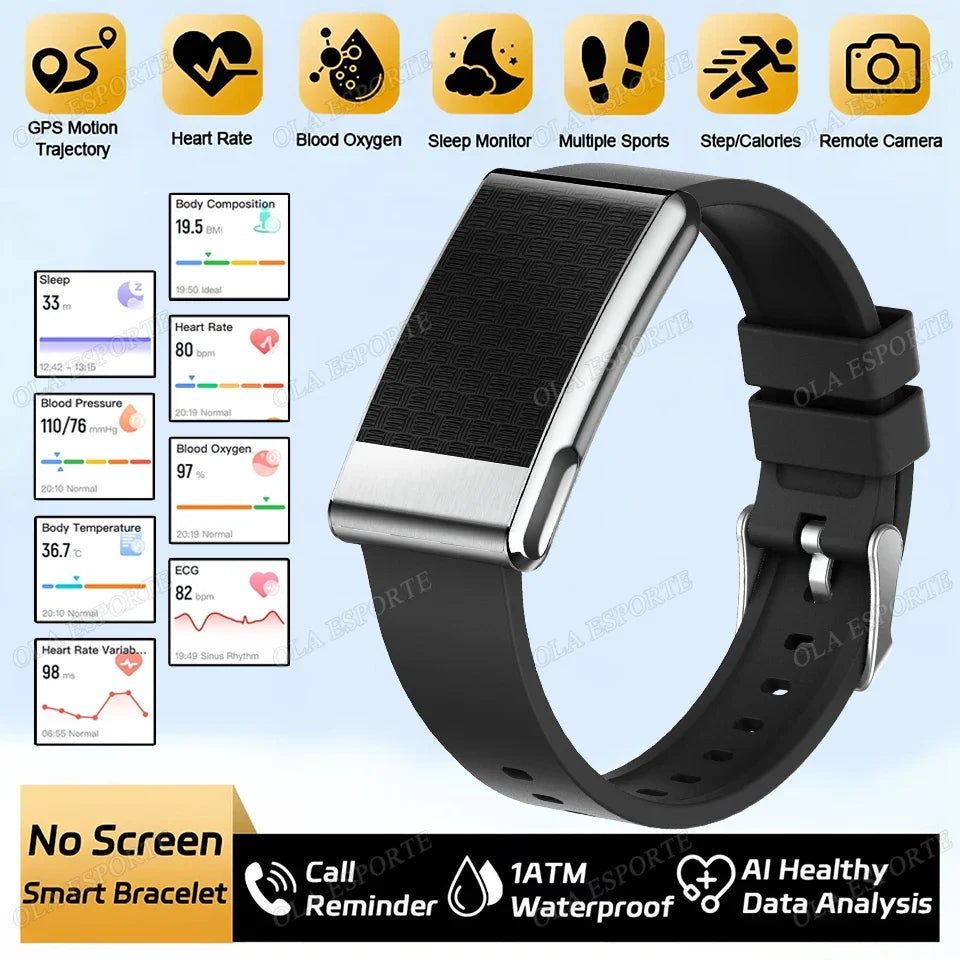 2026 NO Screen Smart Bracelet ECG+PPG SOS Heart Rate Blood Pressure Stress Temperature Sports Waterproof Screenless Smartwatch