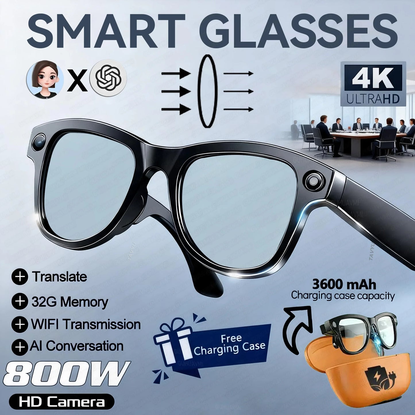 2026 New 3600mAh Large Capacity Smart Glasses 800W Pixel Anti-shake Camera 120+Language Translation Video Recording Call Glasses