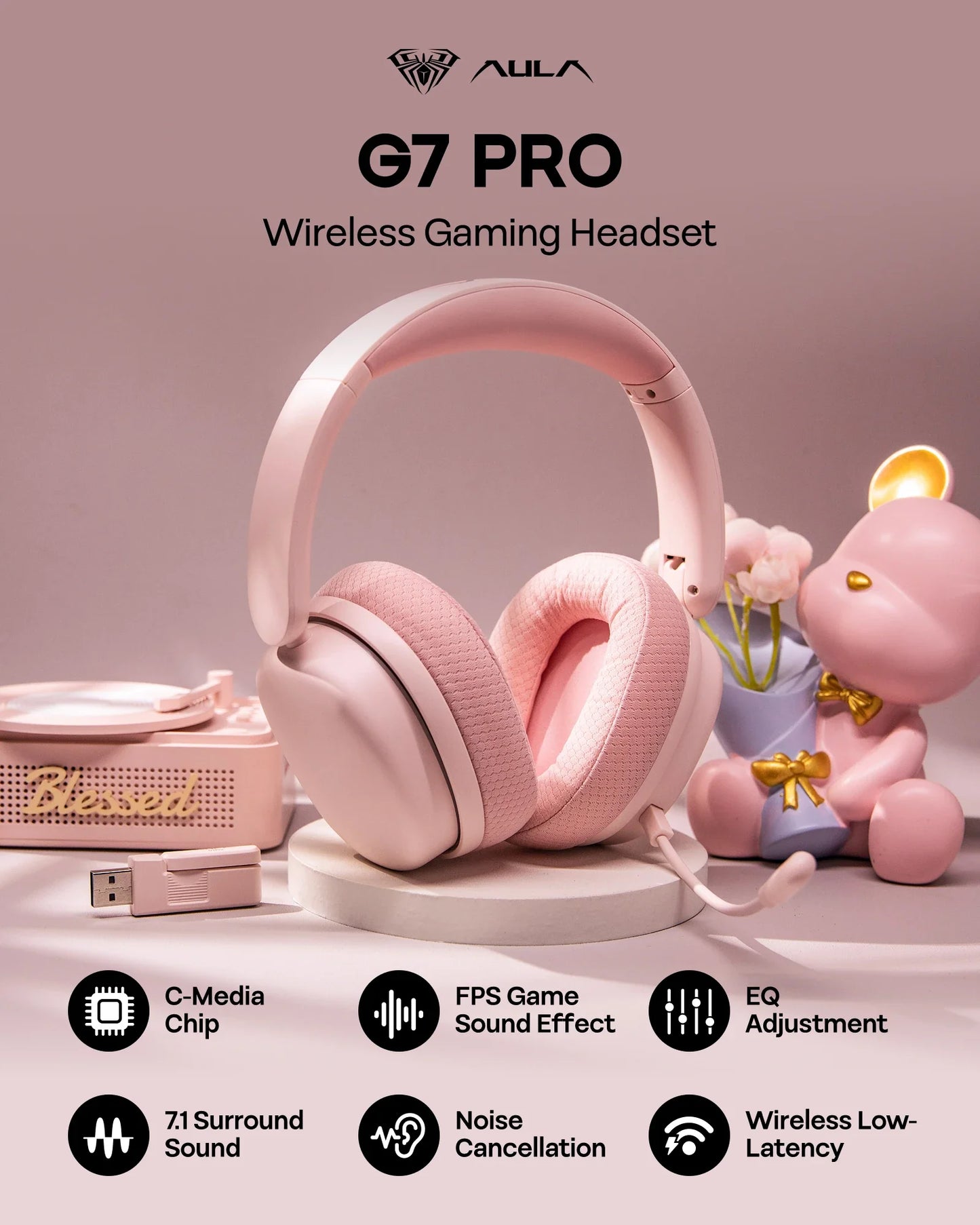 AULA G7 Pro Wired/Bluetooth/2.4GHz Wireless Gaming Headphone Noise-Canceling Microphone with RGB Light for PS4/PS5/PC/Switch
