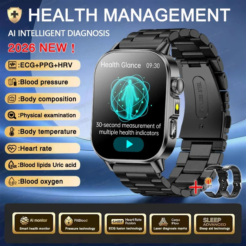 New Men Accurate Health Diagnosis ECG Smart Watch Blood Pressure Blood Oxygen Blood Fat Uric Acid Temp Bluetooth call Smartwatch