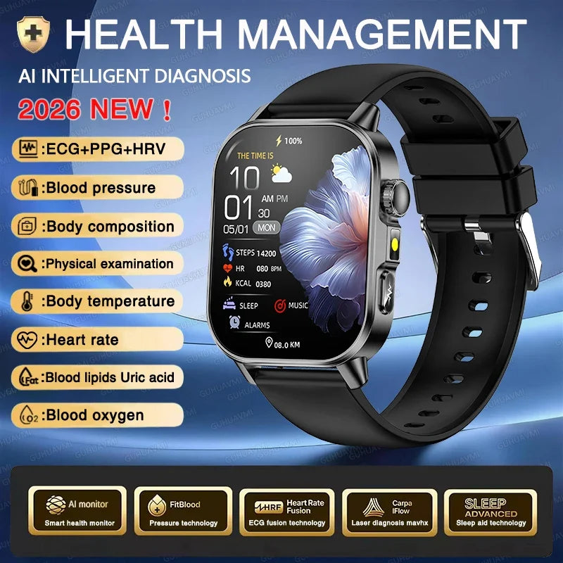 New Men Accurate Health Diagnosis ECG Smart Watch Blood Pressure Blood Oxygen Blood Fat Uric Acid Temp Bluetooth call Smartwatch
