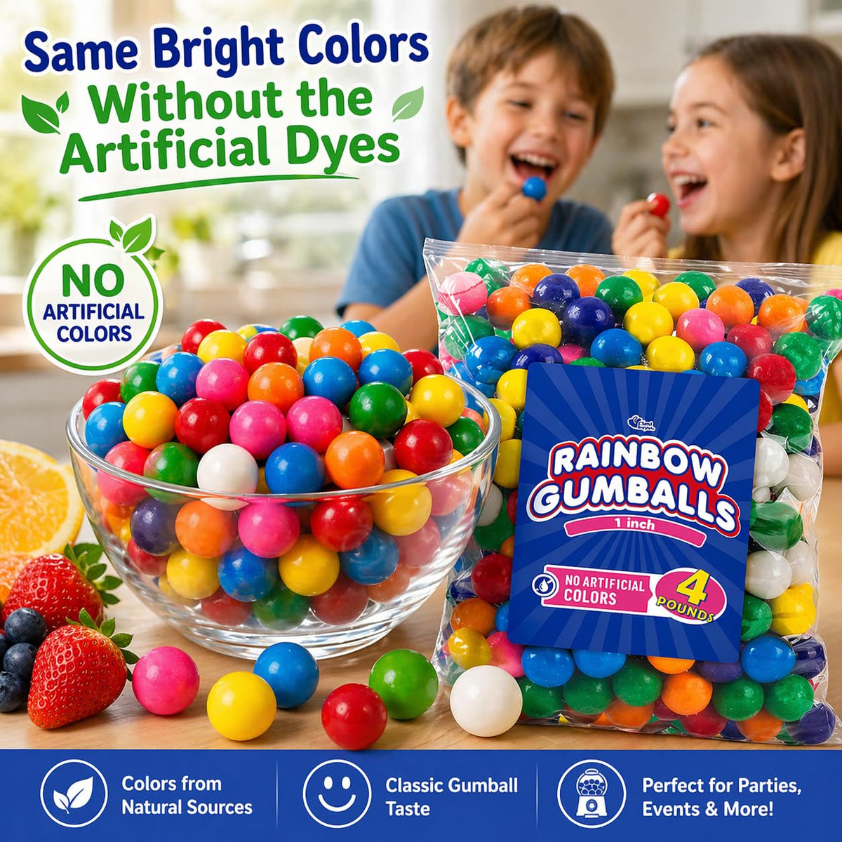 A Great Surprise 1-Inch Rainbow Gumballs – 4 lb Bulk Bag, No Artificial Dyes, Vending & Party Use