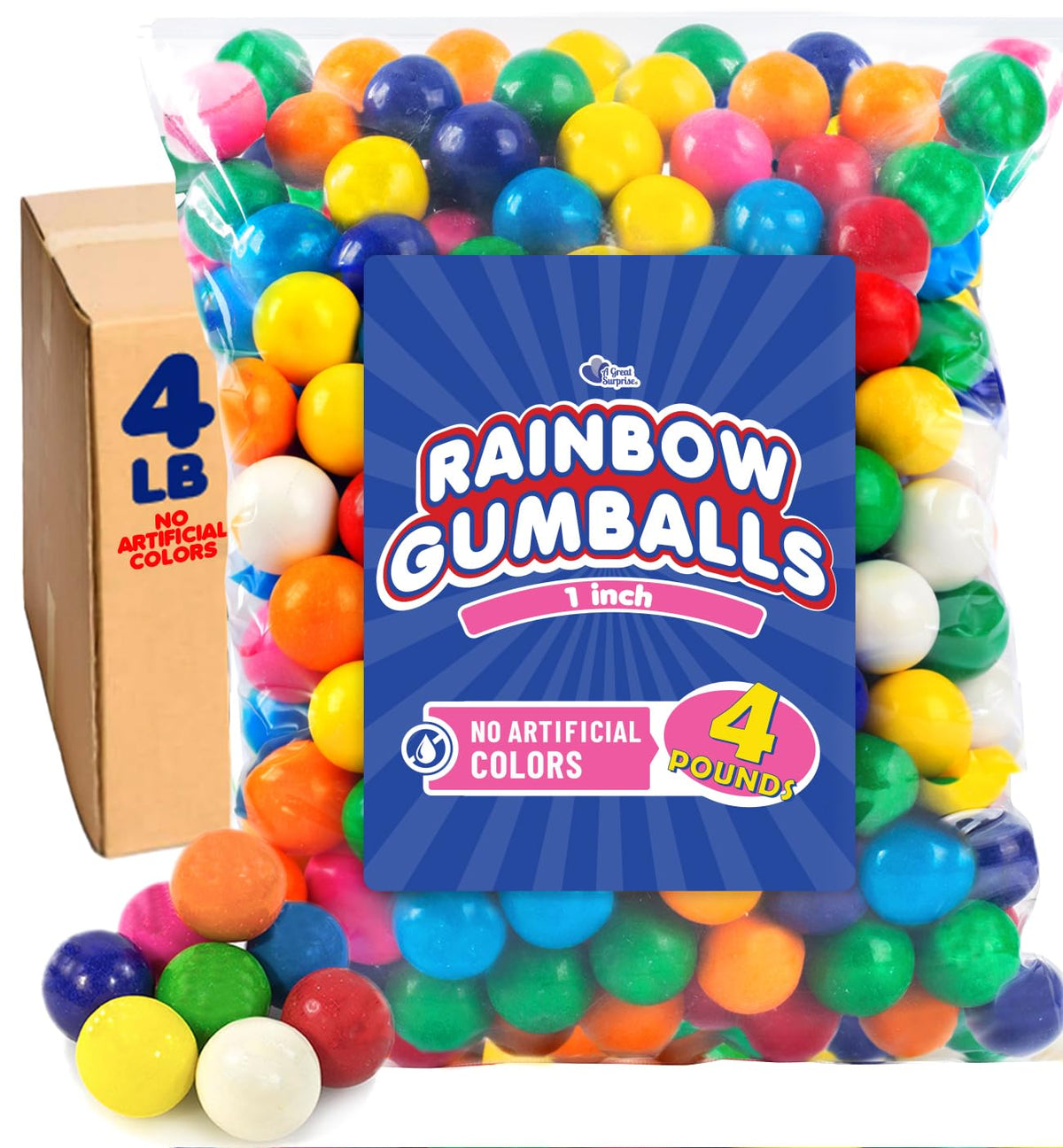 A Great Surprise 1-Inch Rainbow Gumballs – 4 lb Bulk Bag, No Artificial Dyes, Vending & Party Use